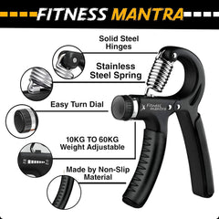 Fitness Mantra® Weight Adjustable Hight Quality Hand Gripper for Men & Women |Hand Grip|Finger Exerciser|Power Gripper|Hand Exerciser Equipment|Hand Strengtheners| Color Black| 10KG-60KG|