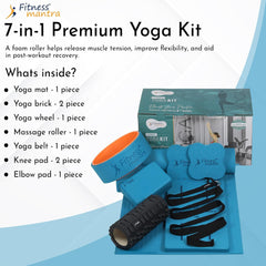 Fitness Mantra® 7 Props Yoga Kit| 1N TPE Yoga Mat, 1N Yoga Wheel, 1N Massage Roller, 1N Knee Pad, 1N Yoga Belt| 2N Yoga Bricks, 2N Elbow Pad|