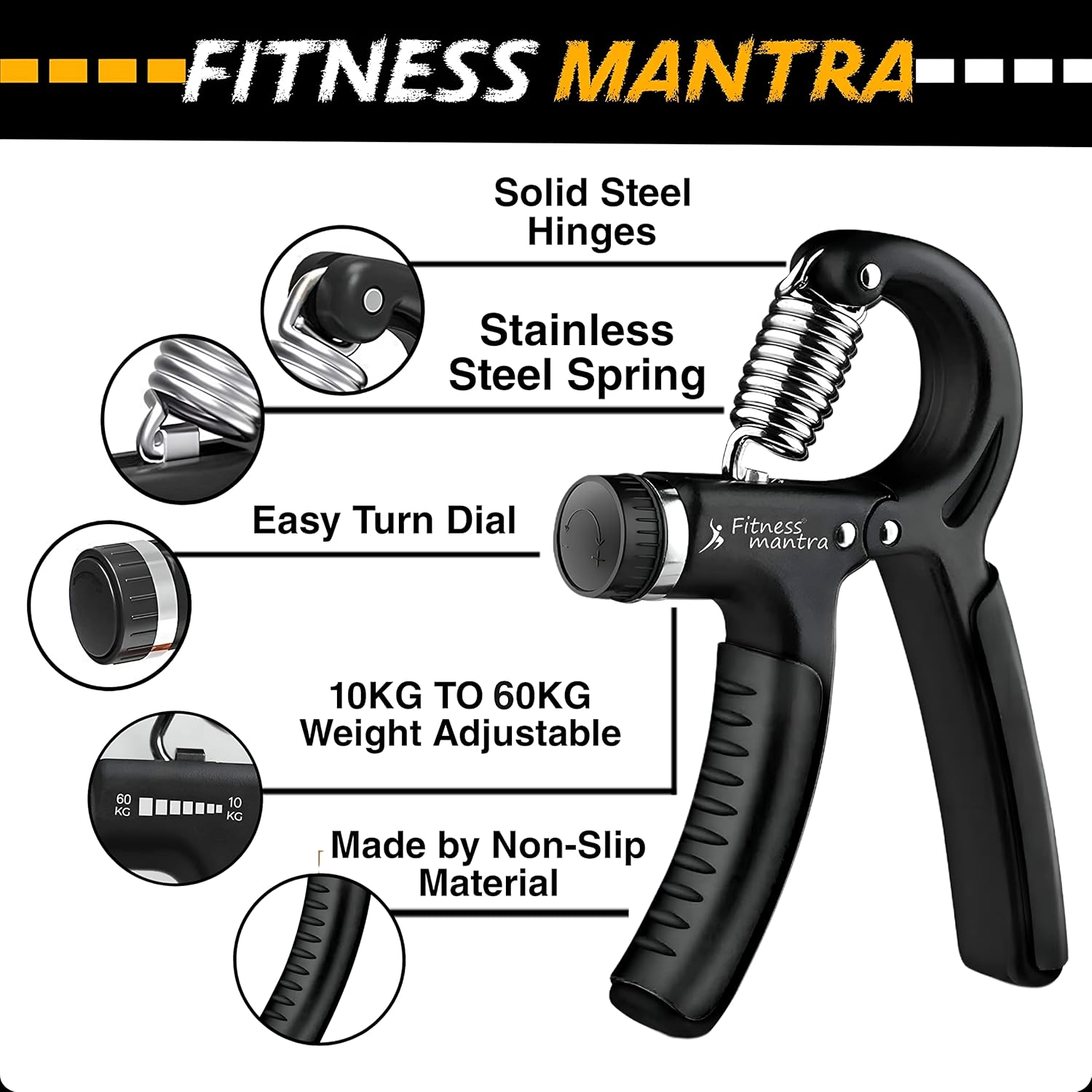 Fitness Mantra® Weight Adjustable Hight Quality Hand Gripper for Men & Women |Hand Grip|Finger Exerciser|Power Gripper|Hand Exerciser Equipment|Hand Strengtheners| Color Black| 10KG-60KG|