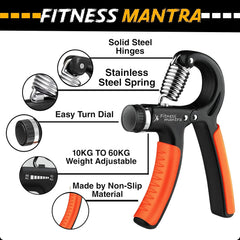 Fitness Mantra® Weight Adjustable Hight Quality Hand Gripper for Men & Women |Hand Grip|Finger Exerciser|Power Gripper|Hand Exerciser Equipment|Hand Strengtheners| Color Orange| 10KG-60KG|
